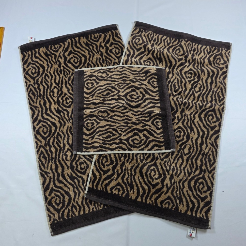 Vintage TerriSol Karsten Brown Zebra Swirl 3 Piece Towel Set Made in Brazil